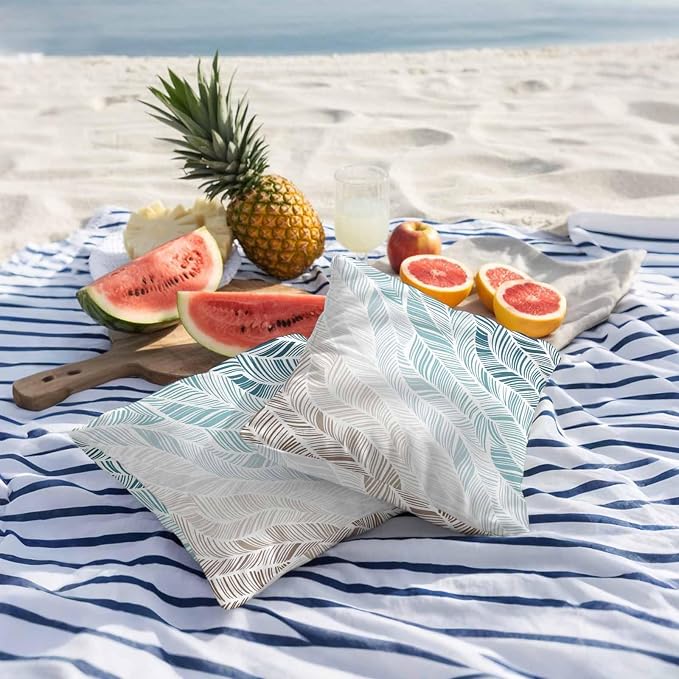 Vandarllin Outdoor Throw Pillows Covers 20x20 inch Set of 2 Waterproof Summer Beach Decorative Zippered Cushion Covers for Patio Furniture, Ombre Blue Abstract Leaf Lines Lumbar Pillowcases