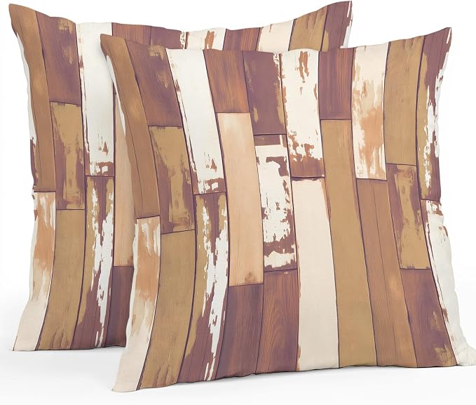 Brown Beige Outdoor Pillow Covers 24x24 Inch Throw Pillow Covers Set of 2 Waterproof Decorative Pillow Cases Vintage Farmhouse Shabby Wooden Grain Cushion Covers for Patio Furniture Garden Couch Sofa