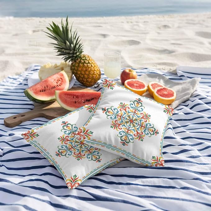 Geometric Flowers Outdoor Pillow Covers 26x26 Inch Throw Pillow Covers Set of 2 Waterproof Decorative Pillow Cases Modern Abstract Colorful Floral Cushion Covers for Patio Furniture Garden Couch Sofa