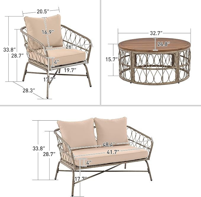 Merax 4-Piece Bohemian Patio Furniture Set, Outdoor Wicker Conversation Set with Single & Loveseat Chairs, Removable Cushions, Wood Tabletop Coffee Table for Garden, Backyard, Balcony, Porch, Poolside