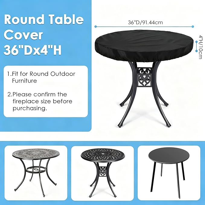 Round Outdoor Table Cover Waterproof Anti-UV Heavy Duty Round Patio Table Covers for Outdoor Furniture, Windproof Outdoor Patio Coffee & Dining Table & Table Top Cover Weatherproof Protector,36"D×4"H
