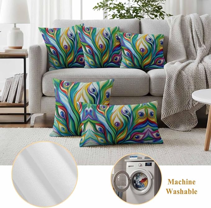 Outdoor Waterproof Pillow Covers 16x16Inch Peacock Feathers Colorful Gradient Throw Pillowcases for Patio Garden Couch Sofa Vibrant Abstract Art Decorative Cushin Case,Pack of 2
