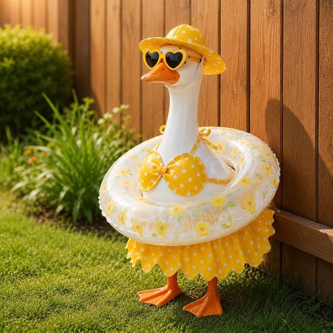 23 Inch Porch Goose Summer Hawaiian Bikini Outfit, Lawn Goose Costume with Swim Ring, Sunglasses Sun Hat, Fits Cement & Plastic Goose Statue, Front Yard Patio Lawn Decor