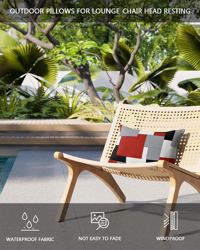 Outdoor Pillows Covers with Inserts Abstract Art Patchwork Red Black and Grey Waterproof Recliner Pillow with Adjustable Strap Throw Pillows for Patio Furniture Pool Lounge Chair, 12x20 inch, 1PCS