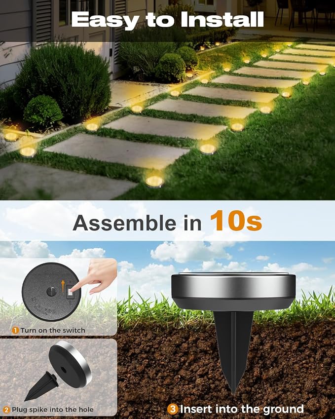 btfarm 30 Pack Solar Lights Outdoor, 8 LED Solar Ground Lights IP65 Waterproof Flat Solar Disc Light, Pathway Lights for Garden Lawn Patio Yard Path Landscape, Warm White