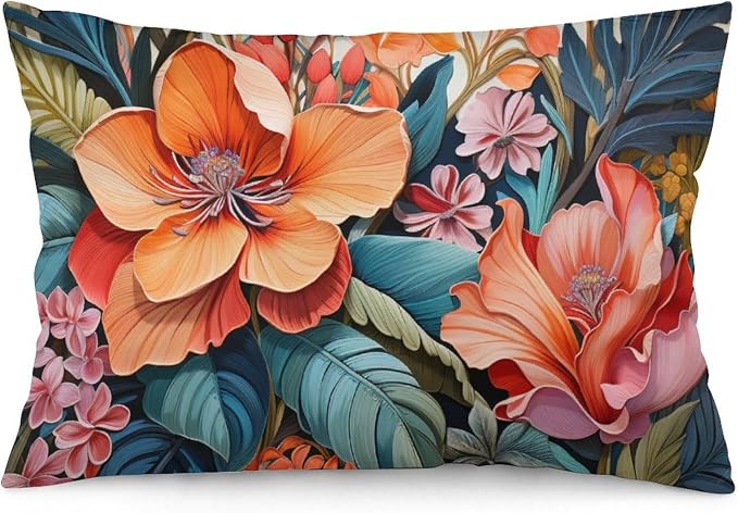 Pillowcases Tropical Flower Leaves Lumbar Pillow Covers Decorations 12 "x20 " Hawaiian Flower Pillow Covers Standard Size Decorative Invisible Zipper Design Rectangle Two Sides Printed for Bed Decor