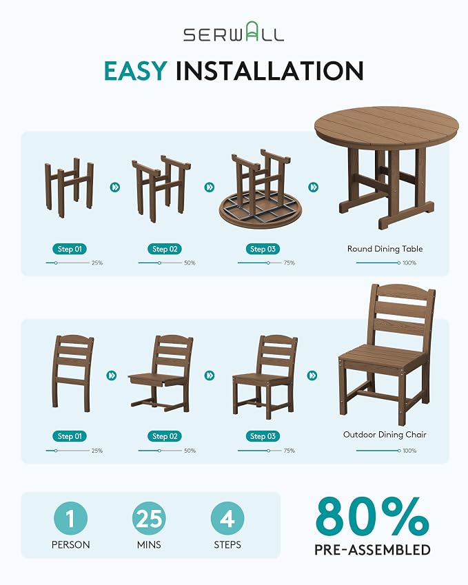 SERWALL 5-Piece Patio Dining Sets, HDPE Outdoor Table and Chairs Furniture Set, 45" Round Dining Table and 4 Armless Dining Chairs, Brown