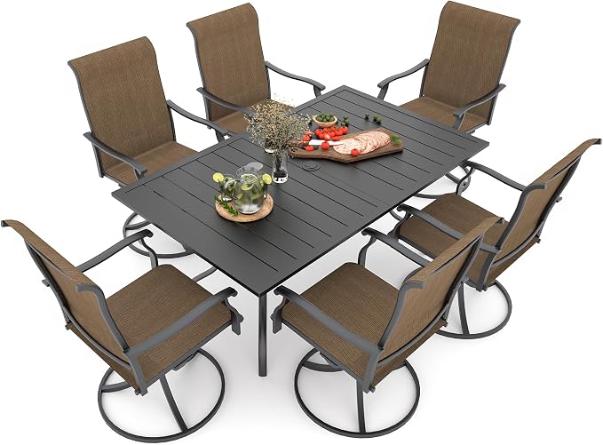 7 Piece Outdoor Dining Set,Brown Tan Swivel Chairs 63" Rectangle Table Sty1 | 6 Piece Swivel Chairs: High Back, Retro Armrest, Textilene Fabric, Rocking; 63"x38"x28" Metal Rectangle Table, All Weather
