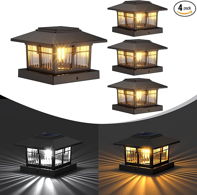 4x4 Solar Post Cap Lights, Classic Black, 4 Pack, Warm & Cool White | Fits 4x4 Wooden and Vinyl Posts,Fence Deck Post Lights,Edison-style bulb