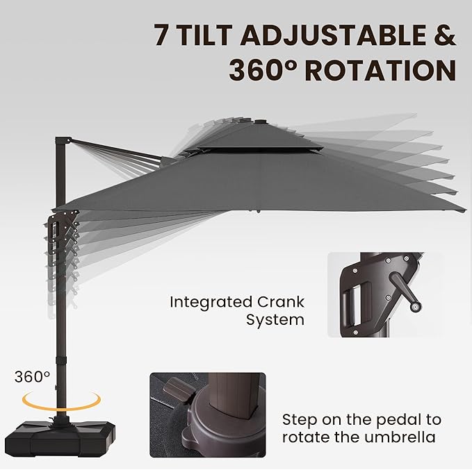 9 X 12 FT Cantilever Patio Umbrella with Led Lights and Base Included Outdoor Heavy Duty Double Top Rectangle Offset Umbrellas with 360-degree Rotation for Pool Deck Backyard, Grey