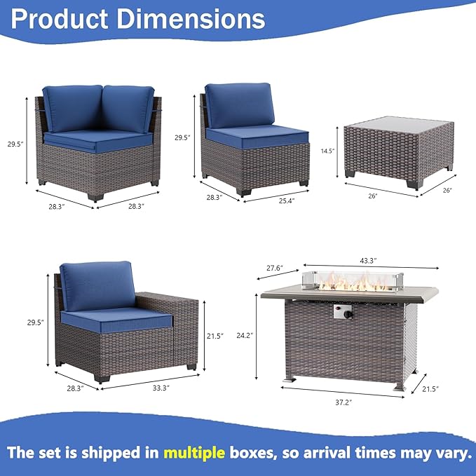 13 PCS Outdoor Patio Furniture Set,Outdoor Sectional Furniture with 43" 55000 BTU Gas Propane Fire Pit Table,All Weather PE Rattan Wicker Patio Conversation Set,Navy Blue