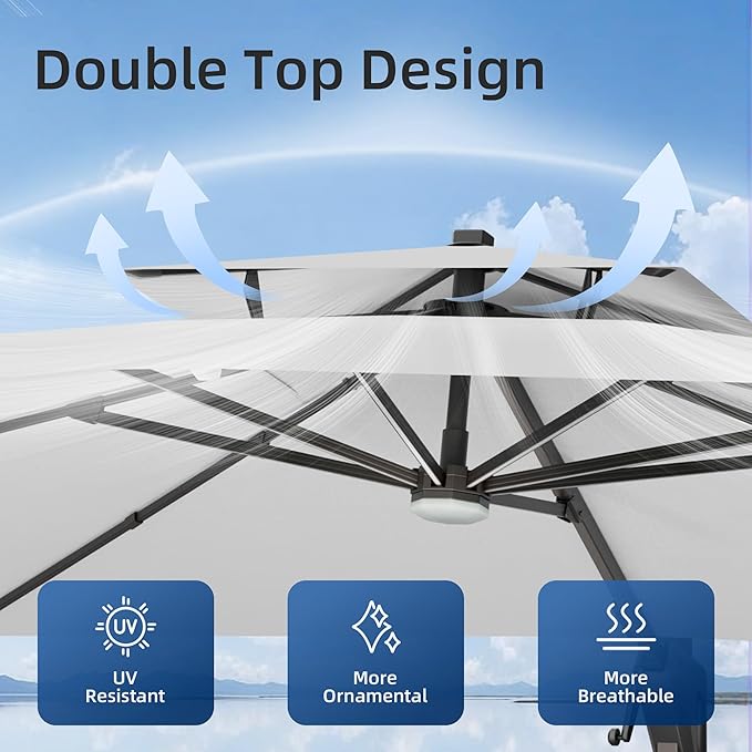 10x13 FT Patio Umbrella with Weighted Base and LED Lights Cantilever Outdoor Large Heavy Duty Rectangle Aluminum Offset Umbrellas Double Top 360 Rotation for Pool Deck Garden, Fog grey