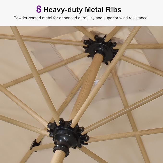PURPLE LEAF 8 Feet Patio Umbrella Outdoor Table Umbrella Aluminum Market Umbrella with Push Button Tilt & 8 Sturdy Ribs and Crank Round Commercial Sun Umbrella for Garden Patio Balcony, Beige