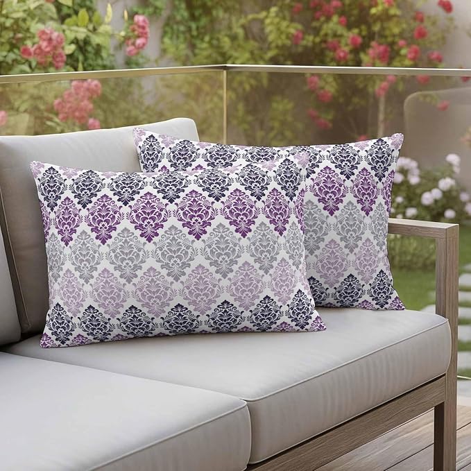 Vintage Floral Outdoor Pillow Covers Set of 2 Black Purple Flower Pattern Country Gradient Waterproof Throw Pillow Cover Decorative Cushion Cases for Patio Porch Garden 20X12 Inch
