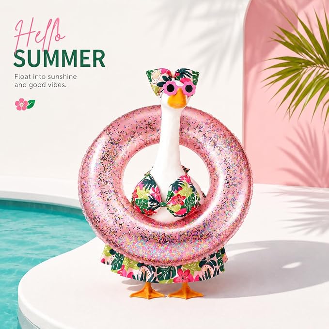Summer Lawn Goose Outfit Set, Floral Bikini Costume with Glitter Swim Ring Flower Sunglasses Bow Headband, Fits Standard 23 Inch Porch Goose Statue, Outdoor Garden Yard Decor