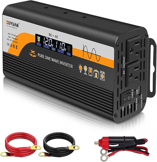 1000W Pure Sine Wave Inverter, 12V/24V Auto-Detect, 50Hz/60Hz Switchable, LCD Display, Type-C Fast Charging, Silent Design, Overload & Overheat Protection for RV, Home