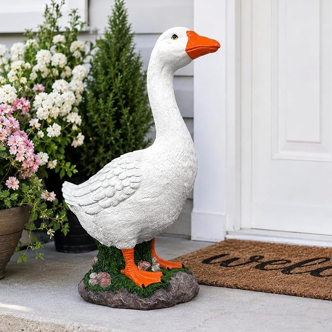 23 Inch Porch Goose Statue, Large White Resin Goose Outdoor Garden Decor with Realistic Feather Details - Indoor Outdoor Yard Lawn Patio Decoration, Perfect Housewarming Gift (23 Inch)