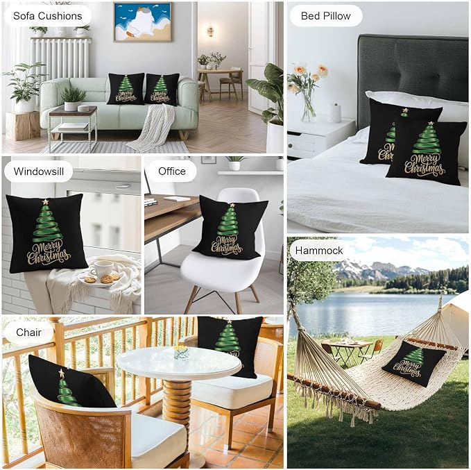 Black Christmas Tree Outdoor Pillow Covers 24 x 24 Inches, Green Xmas Tree with Star Waterproof Throw Pillow Cover Set of 2, Christmas Black Decorative Square Cushion Covers for Patio/Couch