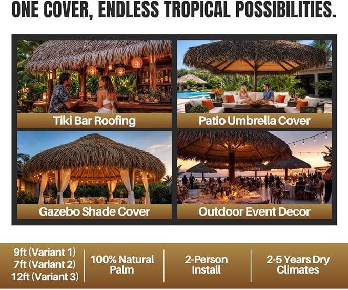 amaZulu Tiki Thatch Umbrella Cover 9ft – Hand-Woven Mexican Palm Leaf, Natural Tiki Bar & Patio Shade Cap, Fits Standard Metal Frame Umbrellas, Lasts 2–5 Years in Dry Climates