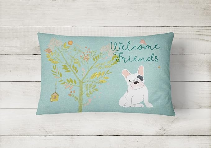 Caroline's Treasures BB7634PW1216 Welcome Friends Piebald French Bulldog Canvas Fabric Decorative Pillow Machine Washable, Indoor Outdoor Decorative Pillow for Couch, Bed or Patio, 12HX16W