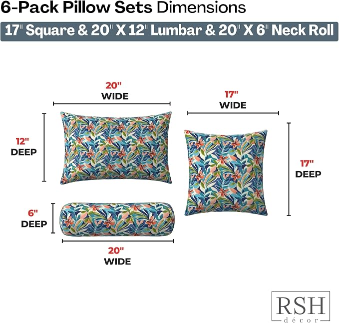 RSH DECOR: 6-Pack Pillow Set | All-Weather Spun Fabric | Water & Fade-Resistant | 17" Square, 20" x 12" Lumbar, 20" x 6" Neck Roll Pillows | Outdoor Pillows for Patio | Made in USA (SOMAP Multi)