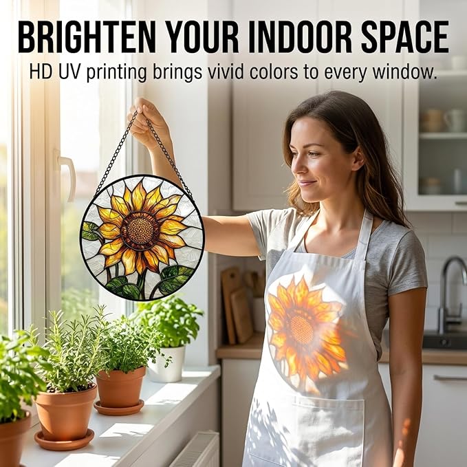 Sunflower Gifts for Women - Yellow Flower Faux Stained Glass Window Hanging Sun Catcher for Door Garden Acrylic Decor Mother's Day Christmas Birthday Gift for Mom Nana Grandma Sisters Colleague 11.8"