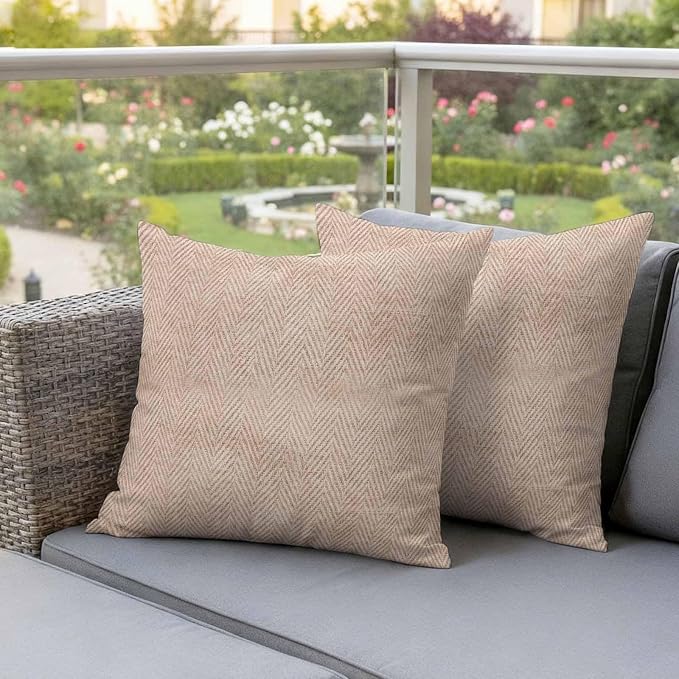 Beige Herringbone Outdoor Pillow Covers Set of 2 Modern Minimalist Woven Textured Waterproof Throw Pillow Cover Decorative Cushion Cases for Patio Porch Garden 16X16 Inch