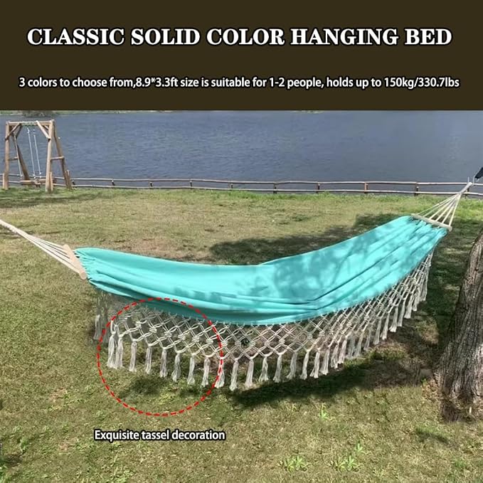 Outdoor Leisure Hammock with Tassels, Garden Anti-Rollover Swing with Storage Bag, for Travel/Camping/Beach, Load Bearing 150kg/330.7lbs(Green)