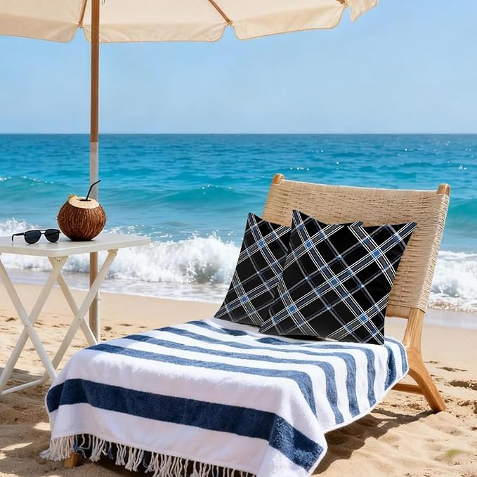 18x18 Inch Outdoor Pillow Covers Set of 2 Waterproof Throw Pillow Covers Decorative Couch Cushion Covers Black Checkered Grey Square Pillowcases Protectors for Patio Garden Sofa