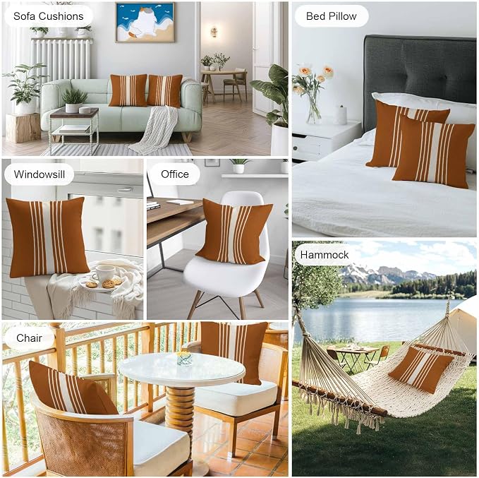 Vandarllin Outdoor Throw Pillows Covers 26x26 inch Set of 2 Waterproof Burnt Orange Vertical Stripes Decorative Zippered Cushion Covers for Patio Furniture, Classic Striped Linen Lumbar Pillowcases