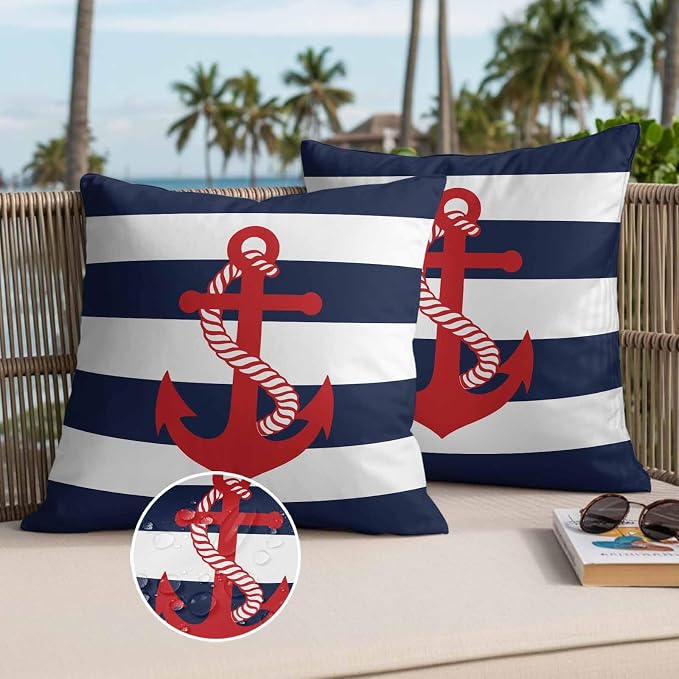 Nautical Anchor Outdoor Waterproof Throw Pillow Covers Set of 2, 18"x18", Coastal Navy Blue Stripe Decorative Pillow Covers Outside Cushion Case for Patio Porch Garden