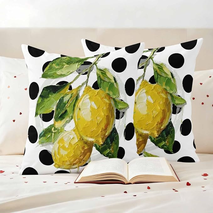 Waterproof Pillow Covers Set of 2,Summer Lemon Polka Dot Outdoor Pillow Protectors with Zipper Pillowcases for Patio Tent Garden Beach 18x18 Inches Country Fruit Oil Painting Style