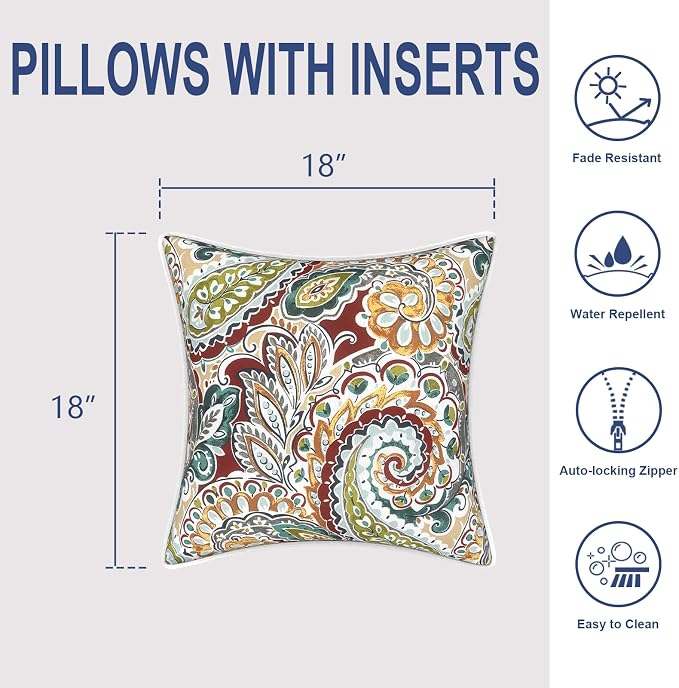 Outdoor Throw Pillows Inners, Fade Resistant Patio Furniture Square Pillows with Piping Set of 2 for Patio Furniture, 18x18 Inch, Paisley Chilli