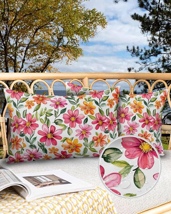 Outdoor Waterproof Throw Pillows Spring Watercolor Wild Flower Patio Pillows,Decorative Pillow Covers with Insert,Pillow Cushion Case for Garden Couch Sofa Country Small Pink Flower