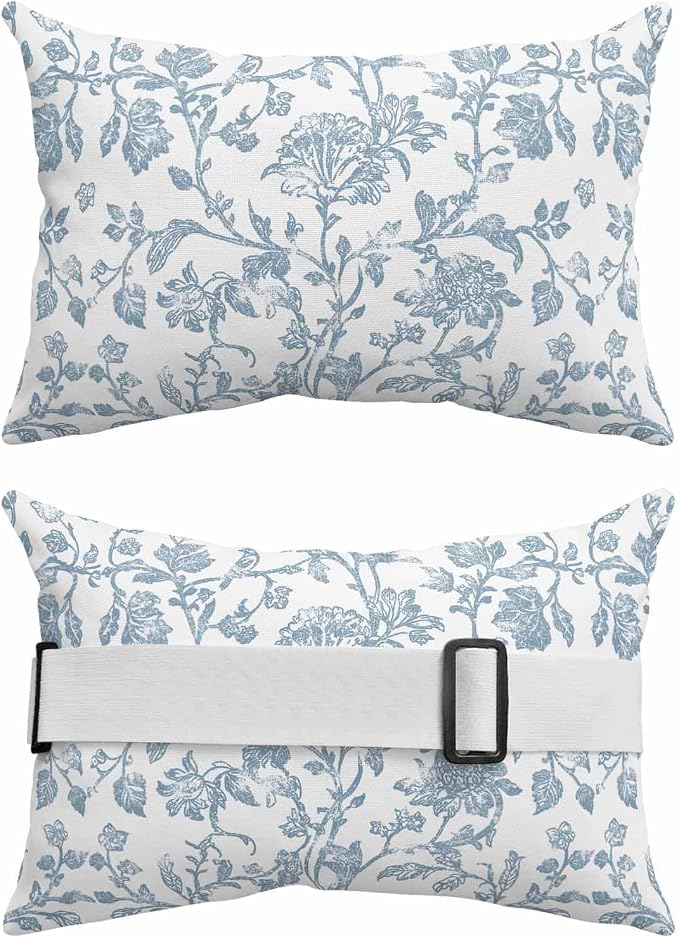 Pack of 4 Outdoor Lumbar Pillow Covers 12x20 Inch, Light Blue Flower Waterproof Throw Pillow Covers Set, Vintage Farmhouse Boho Leaf Spring Indoor&Outdoor Cushion Cases for Patio Porch Beach