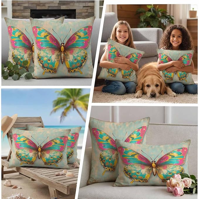 Watercolor Butterfly Outdoor Waterproof Throw Pillow Covers Set of 2, 20"x12", Corlorful Vintage Texture Decorative Pillow Covers Outside Cushion Case for Patio Porch Garden