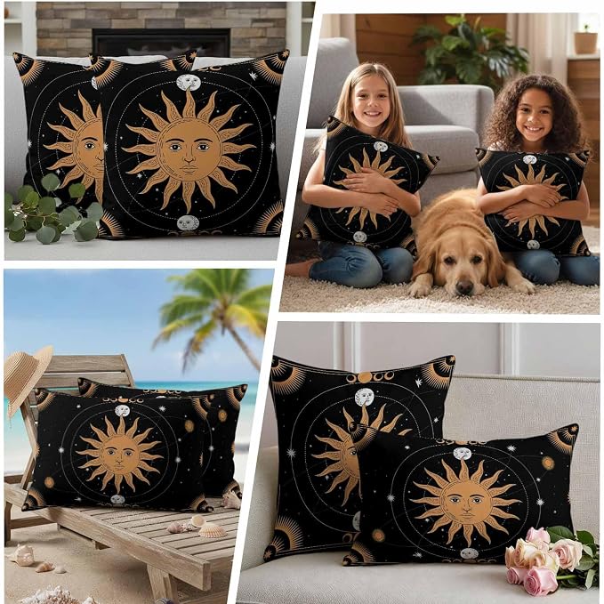 Celestial Sun and Moon Waterproof Outdoor Pillow Covers Set of 2 Home Decor, Black Sky Gold Star Boho Pillowcase Patio Pillow Covers for Couch Bench Patio Furniture Garden 26x26in
