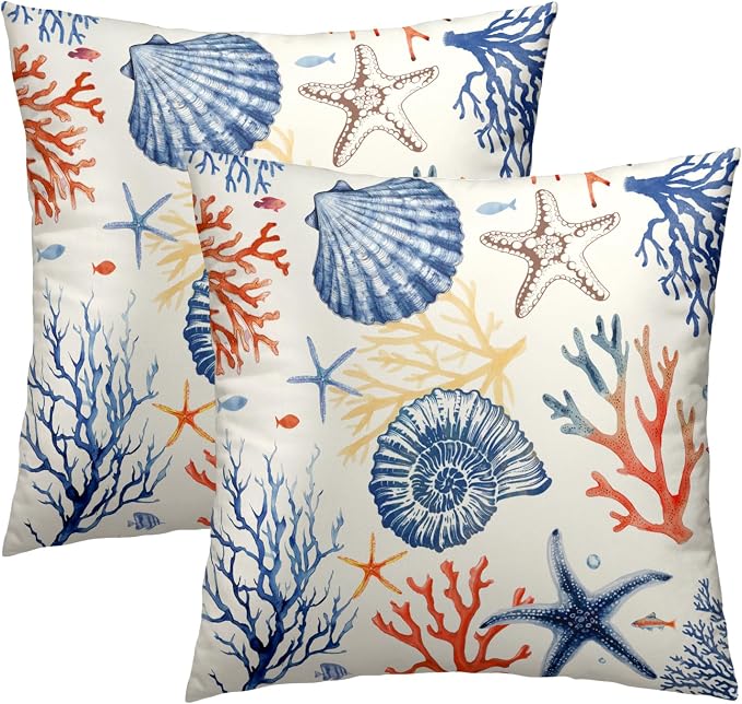 Nautical Coastal Throw Pillow Covers 18x18 Set of 2, Summer Ocean Beach Coral Decorative Pillow Cases Cotton Cushion Cover for Home Sofa Couch Wedding Anniversary Decor