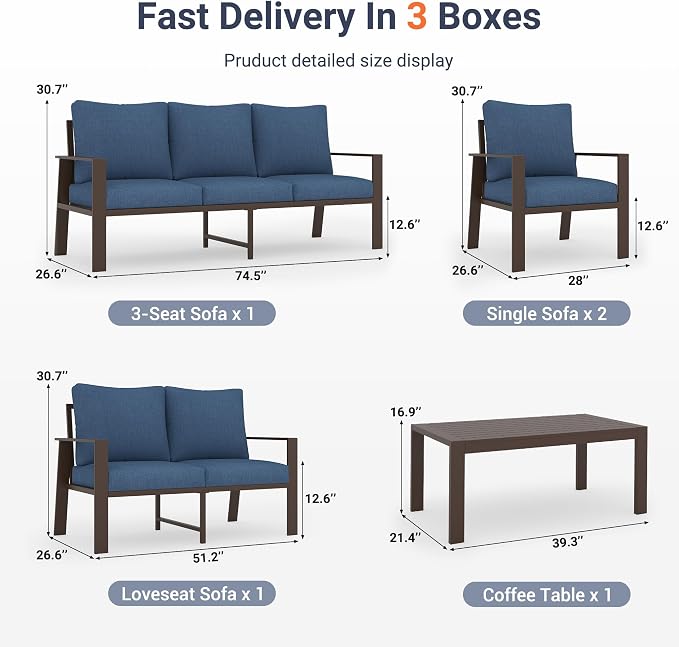 UDPATIO Aluminum Outdoor Patio Furniture Set 7-Seat Metal Patio Conversation Sets with Coffee Table and Water-Resistant Cushions, Modern Patio Sectional Sofa for Porch, Deck, Backyard, Poolside