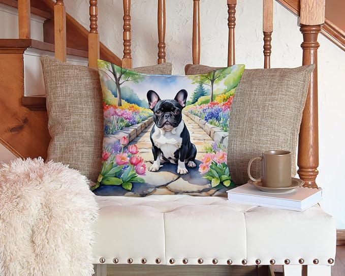Caroline's Treasures French Bulldog Spring Path Throw Pillow Machine Washable, Indoor Outdoor Decorative Pillow for Couch, Bed or Patio, 14Hx14W