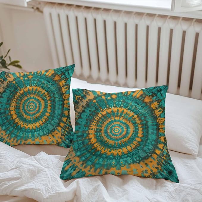 Vandarllin Outdoor Throw Pillows Covers 20x20 inch Set of 2 Waterproof Turquoise Yellow Tie-Dye Art Decorative Zippered Cushion Covers for Patio Furniture, Abstract Boho Tribe Lumbar Pillowcases