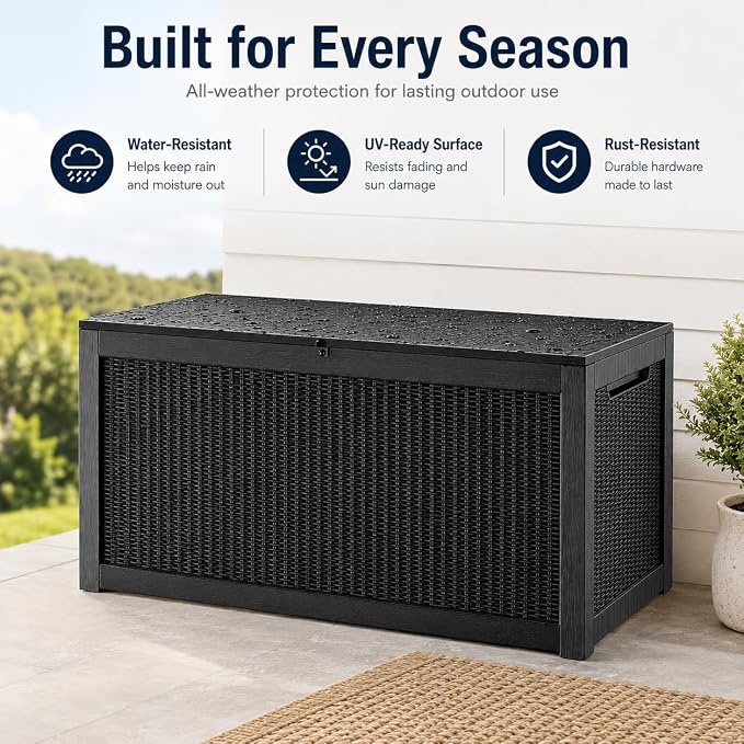 Outdoor Deck Patio Storage Box - 325 Gallon Extra Large Resin Wicker Yard Storage Bin with Lid for Furniture Cushions, Pool Floats, Garden Tools & Outside Toy Storage, Black