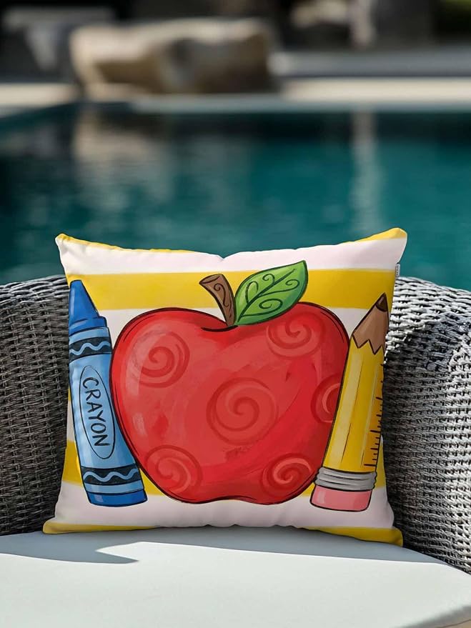 1 Pack Outdoor Throw Pillow, Children's Day Waterproof Pillow with Insert Included, Funny Cartoon Pencil Yellow Striped Decorative Accent Cushion Sofa Pillows for Patio Porch, 16 x 16 in