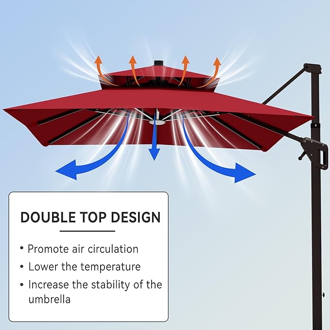 9' X 12' Cantilever Patio Umbrella with Base Included and Led Lights Double Top Rectangular Outdoor Large Offset Umbrellas with 7 Tilts Adjustable 360°Rotation for Deck Pool Garden Backyard, Red