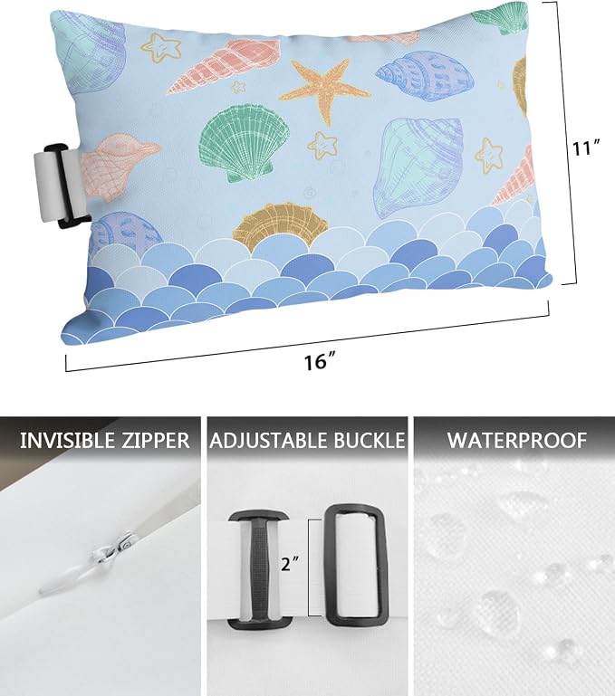 Outdoor Pillows Covers with Inserts Blue Ocean Shell Starfish Mermaid Fish Scales Waterproof Recliner Pillow with Adjustable Strap Throw Pillows for Patio Furniture Pool Lounge Chair, 11x16 inch, 1PCS