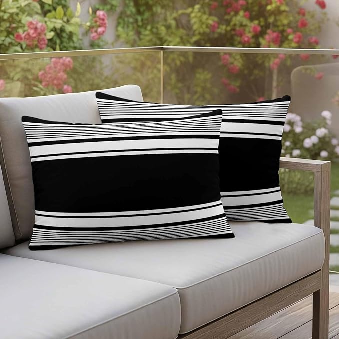 Outdoor Waterproof Throw Pillow Covers, Black Striped Decorative Pillow Cases, Modern Color Block Farmhouse Stripes Couch Pillow Protector Patio Sofa Cushion Covers Replacement 20"x12" 2 Pack