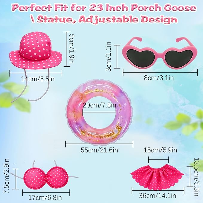 Hawaiian Porch Goose Outfit, Summer Bikini Costume with Sunglasses & Wreath, Fits 23" Goose Statue, Garden Lawn Patio Yard Outdoor Decoration (Pink)