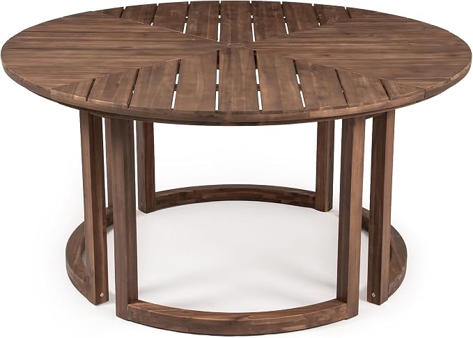 7-Piece Patio Dining Table Sets, Round Outdoor Acacia Wood Dining Furniture Set with Umbrella Hole Cut-Out Table and 6 Chairs, Matching Removable Cushions,Mocha