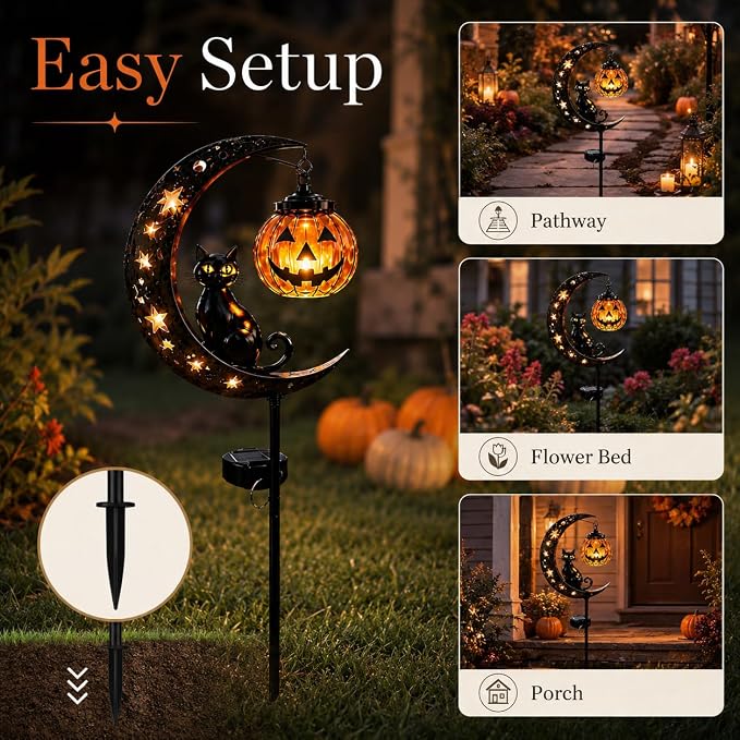 Solar Halloween Black Cat & Pumpkin Moon Garden Stake Light, Outdoor Waterproof LED Yard Decoration with Crescent Moon, Hanging Jack-o'-Lantern Lantern for Garden, Patio, Walkway, Porch(Style A)