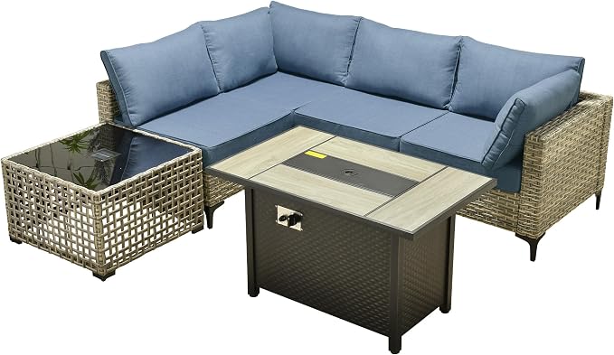 Outdoor Patio Furniture Sets,6 PCS Patio Conversation Set Outside Rattan Sectional Sofa with 42 in Fire Pit Table&Coffee Table Fit Backyard Porch Garden Poolside Balcony